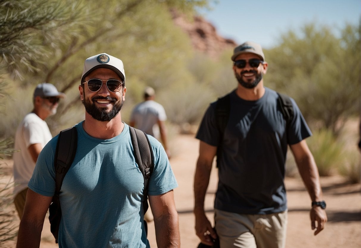 A group of men walking down a trail in the desert.