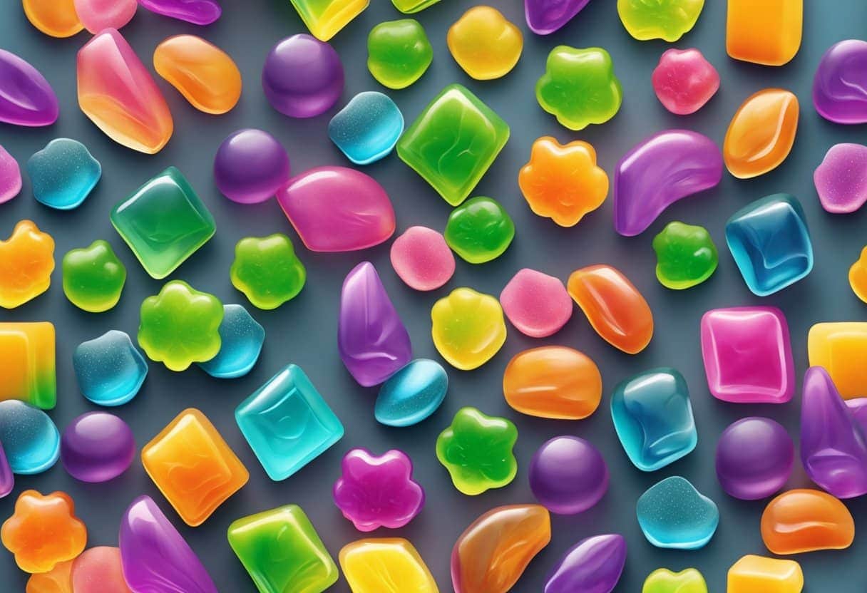 A vibrant assortment of candy pieces against a neutral gray backdrop.