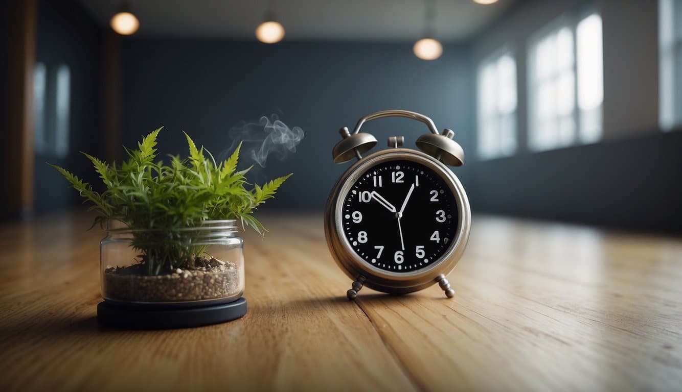An alarm clock next to a plant in a jar, peacefully ticking away as sunlight puffs through the leaves.