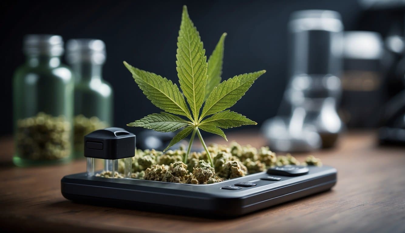 A weed is growing in a small pot on a table, providing a quick detection guide for marijuana plant growth.