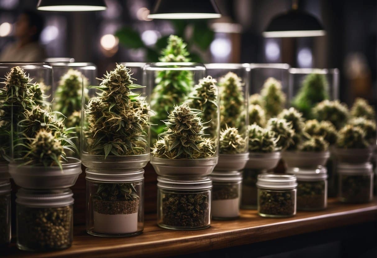 Cannabis plants in jars on a table.