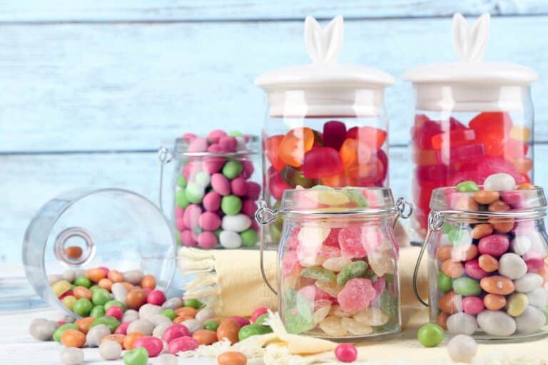 CBD gummies stored in jars and glass containers.