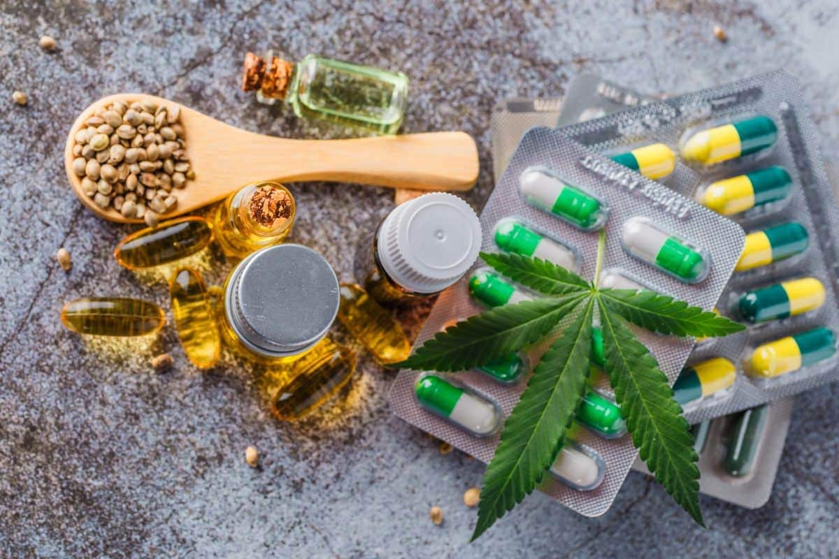 Marijuana leaf kept with medicine of diiferent use