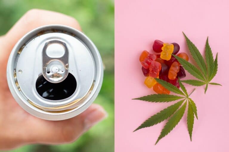 THC drinks on left side and thc gummies on the right side of the picture.