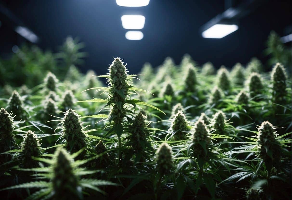Lush cannabis plants grow under bright grow lights, surrounded by nutrient-rich soil and carefully monitored for potency. The THCa crystals glisten on the dense, resinous buds