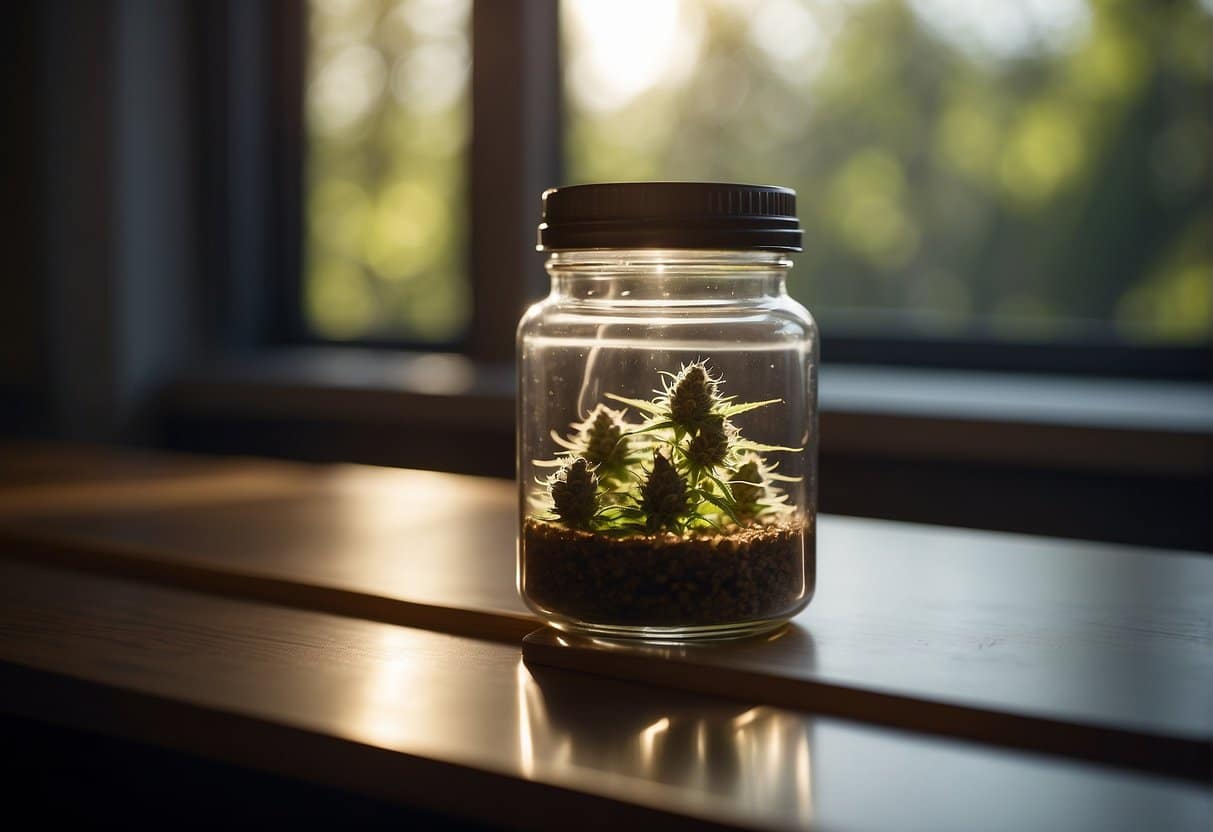 Jar sits on table. Cannabis extract and solvent inside. Stirring rod and lid nearby. Light shines through window. Diamonds forming inside jar