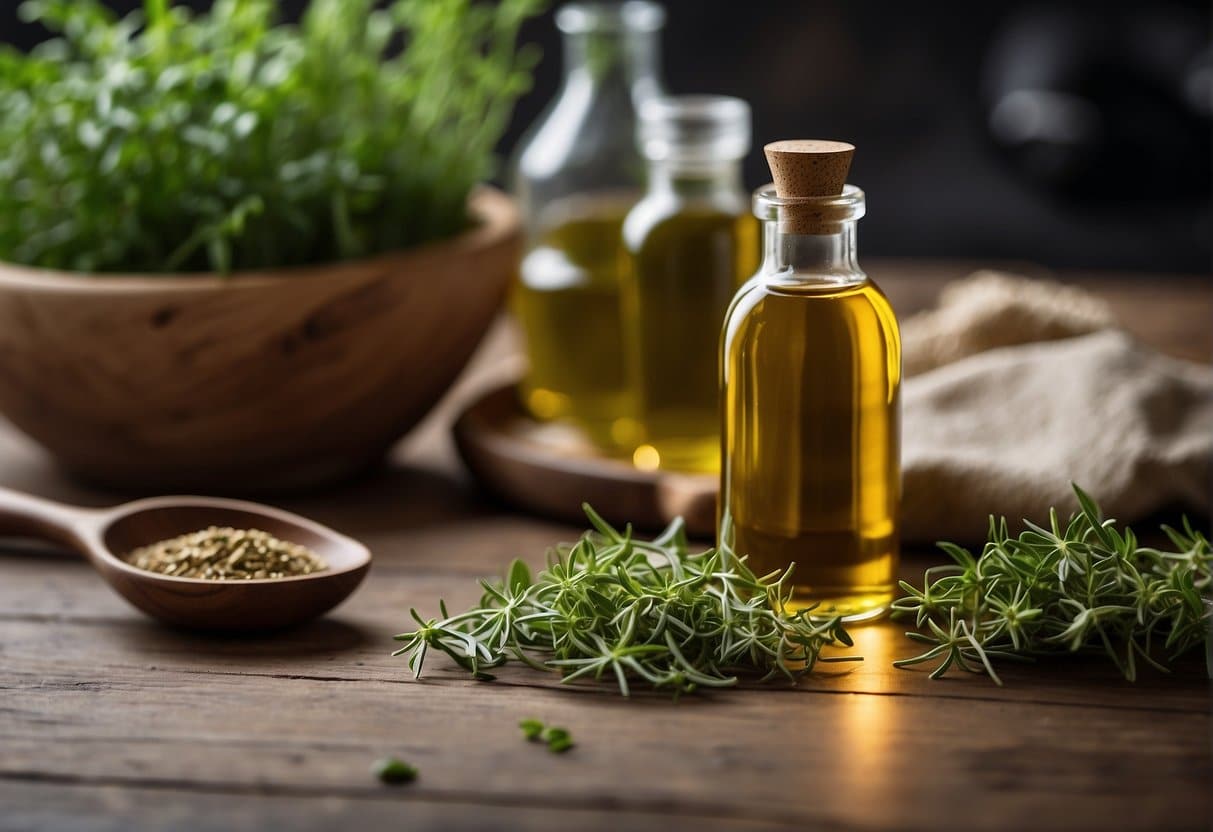 A bottle of THCa-infused oil sits on a clean, well-lit kitchen counter, surrounded by fresh herbs and a mortar and pestle