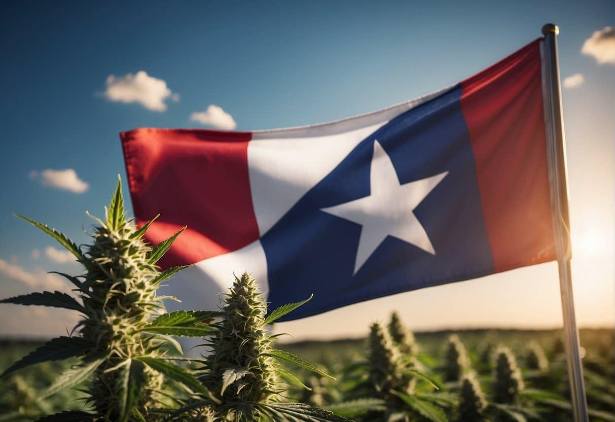 A texas flag waving in a field of cannabis plants, highlighting the legality of THCa in Texas.