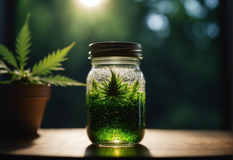 THC diamonds forming in a mason jar, with cannabis extract slowly crystallizing to create high-quality and pure products