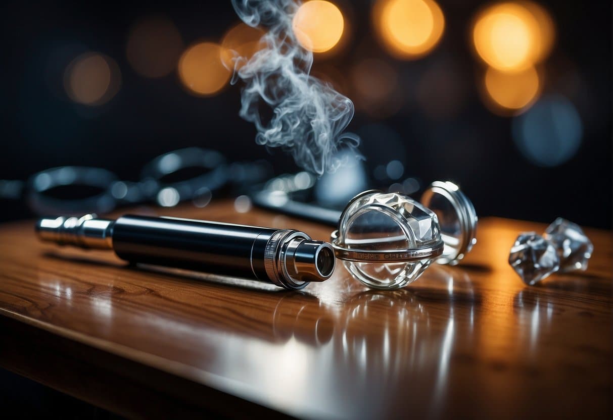 A table with a vape pen, thca diamonds, and safety goggles