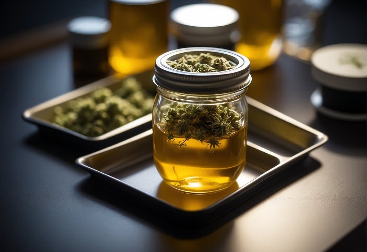 A mason jar filled with cannabis extract and solvent, sitting in a warm water bath, with a stir bar inside, ready for the diamond formation process