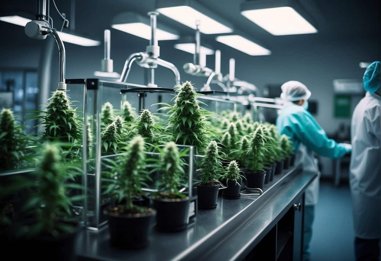 A laboratory setting with scientific equipment and cannabis plants, showcasing the extraction and analysis process of THCa for medical research and therapeutic use