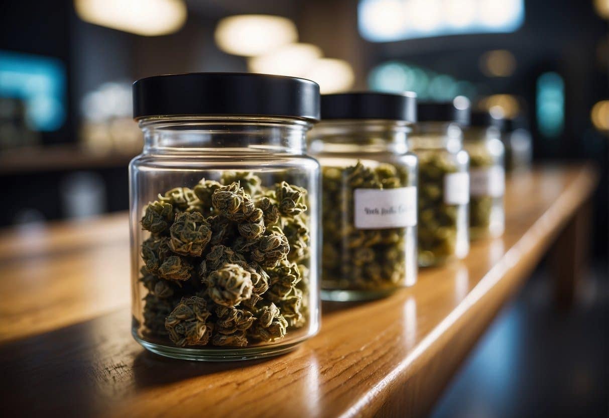 THCa-infused marijuana in glass jars on a wooden table.