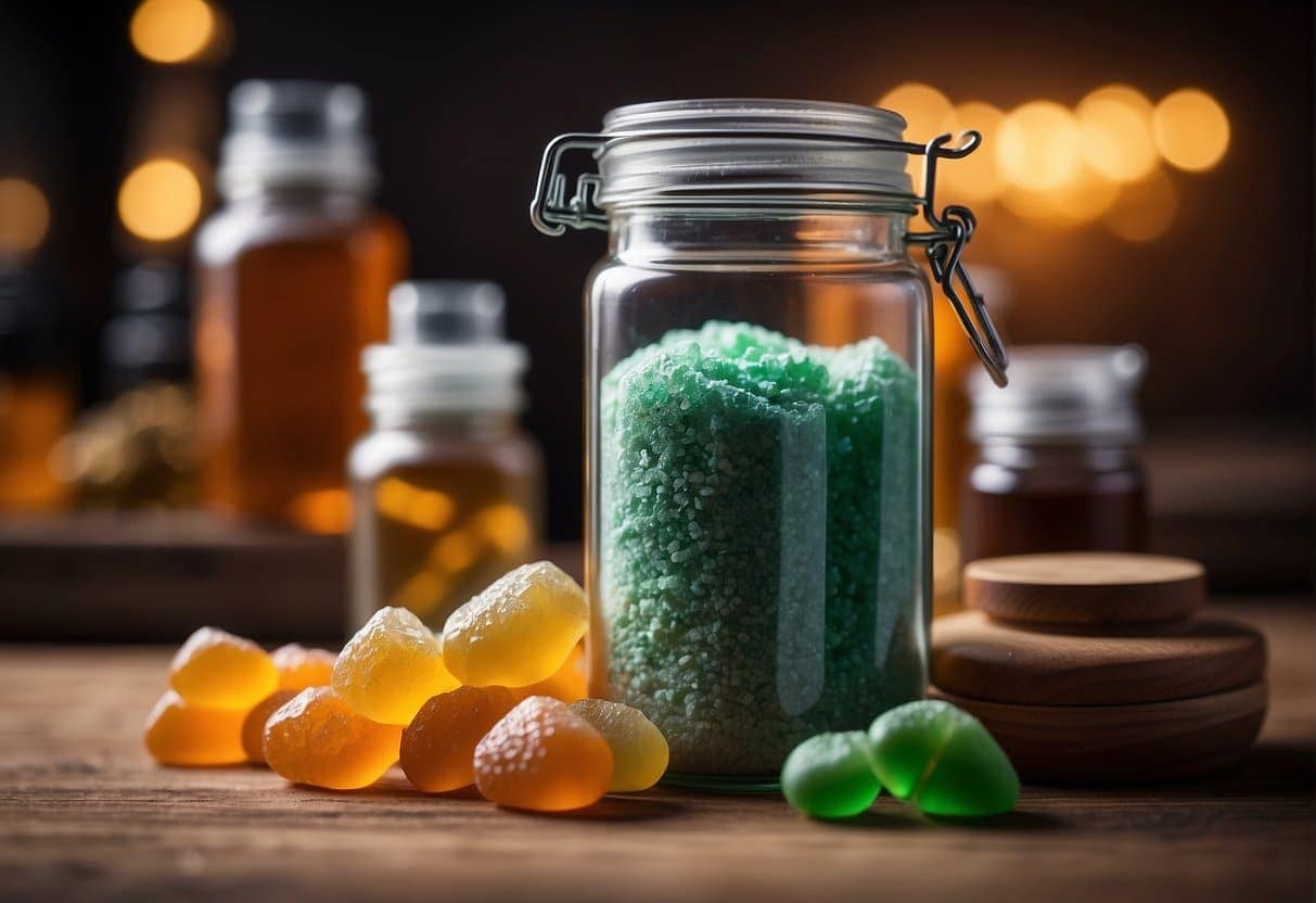 A clear glass jar filled with crystalline THCa powder sits on a wooden table, surrounded by various infused products like gummies and tinctures