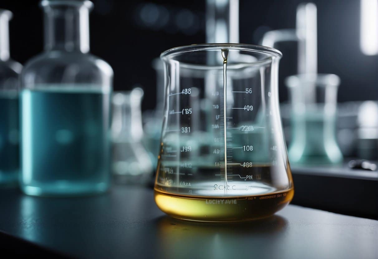 A THCa-infused beaker filled with liquid in a laboratory.