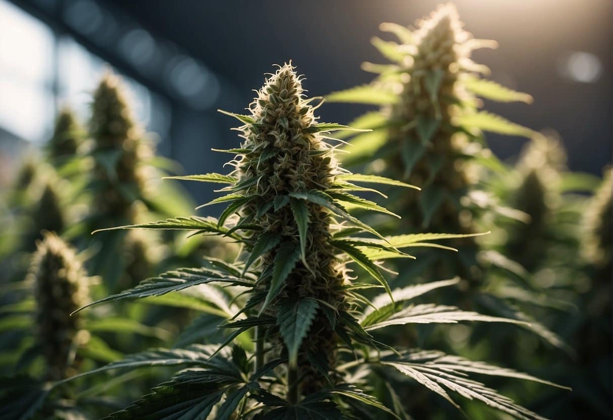 A cannabis plant with high THCa levels, featuring dense, resinous buds and vibrant green leaves, stands tall in a sunlit grow room
