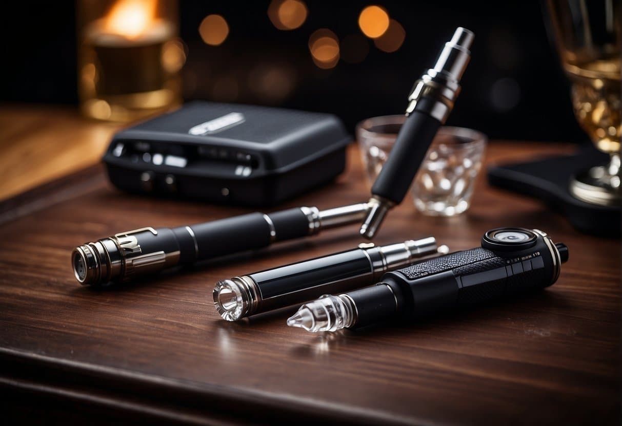 A table with a sleek vape pen, glass rig, torch, and THCa diamonds displayed