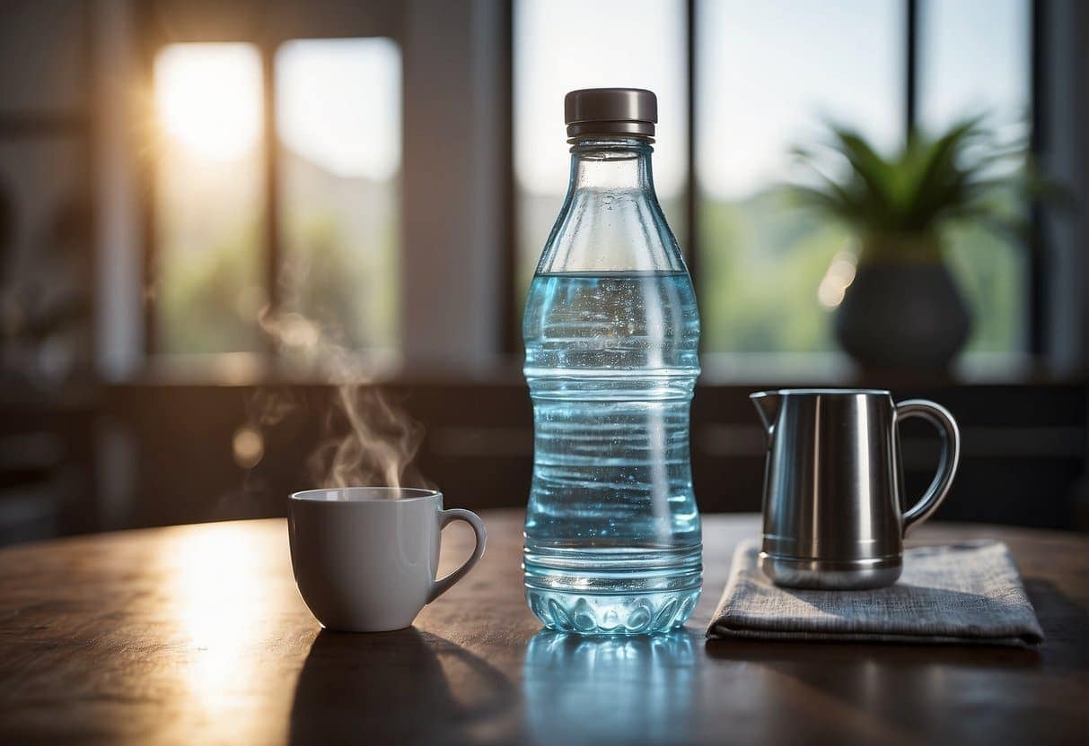 A clear glass of water with lemon slices, a plate of fresh fruits, and a bottle of detox tea on a wooden table. A clock on the wall shows 24 hours