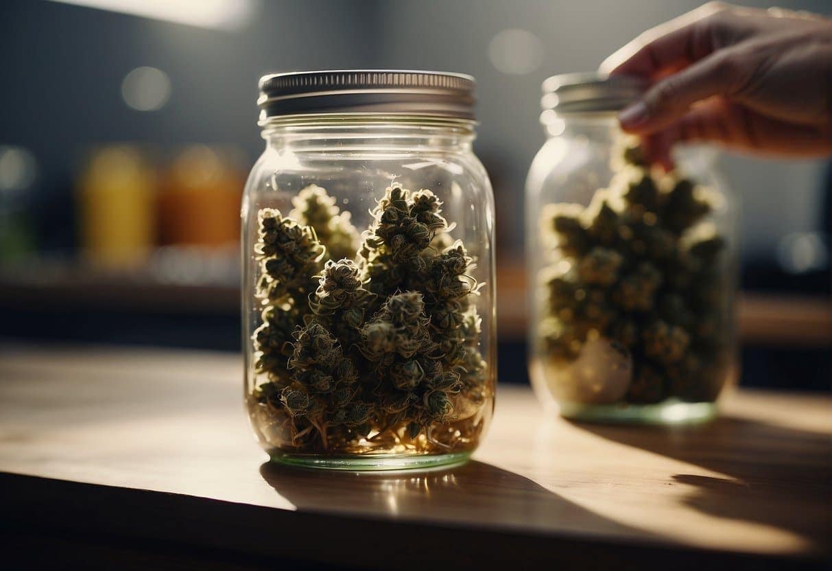 Cannabis buds and solvent in a mason jar. Stirring and filtering process to extract THC crystals