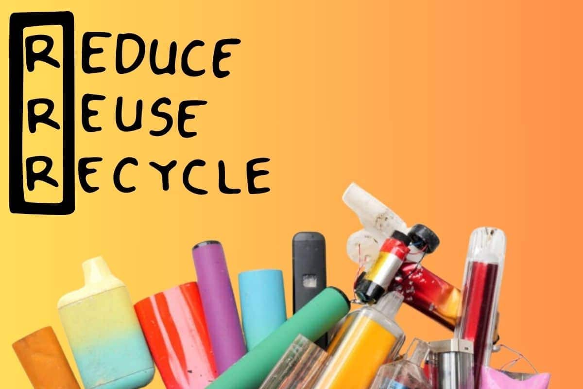 A collection of faulty vapes and logo of 3R depicting proper disposal is important of vapes.