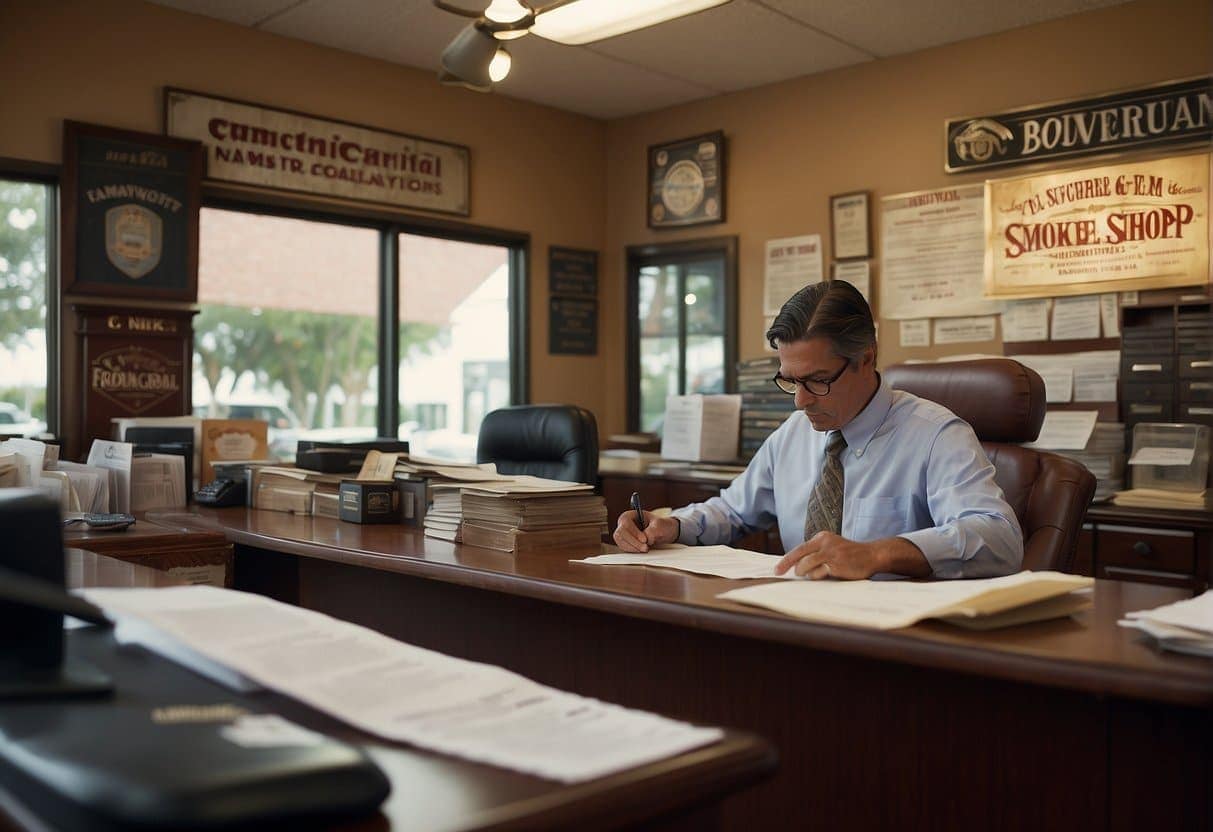 A man in a dress shirt and glasses focusing on writing a step-by-step guide at a desk in an office with paperwork for opening a smoke shop in Florida and vintage wall signs.