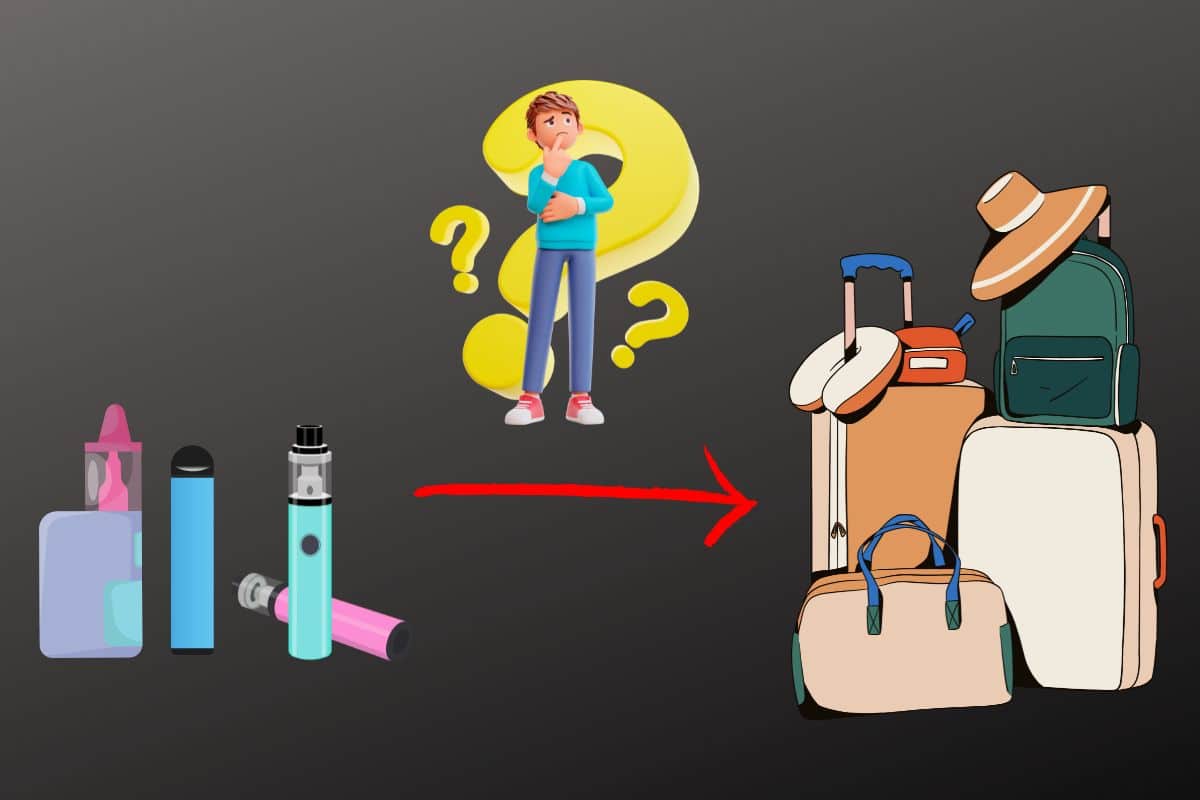 A person confused about packing for a trip, with luggage and travel items illustrated on the side, wonders if the TSA will take their vape out of their carry-on.