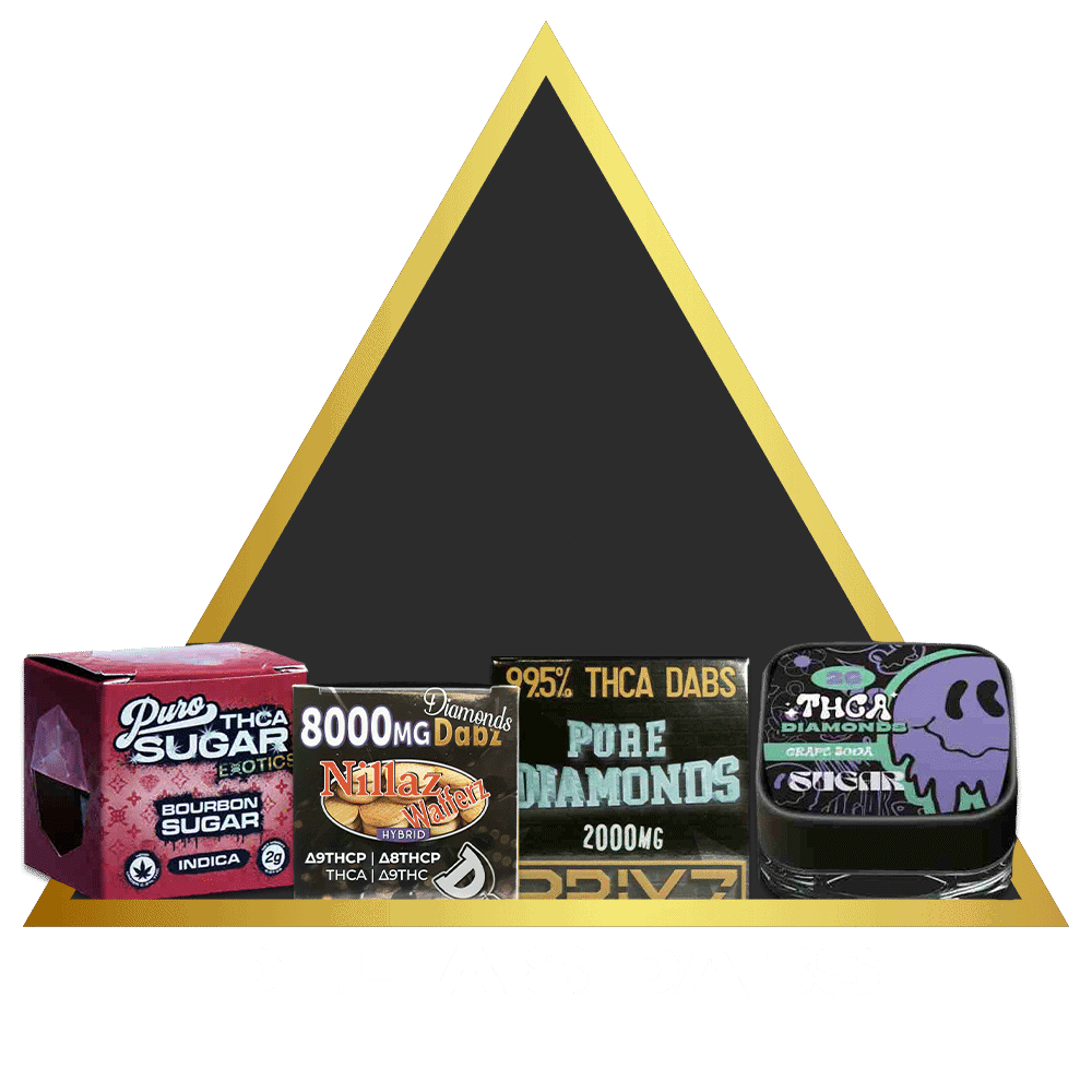 Colored packages of delta 8 thc products displayed against a geometric background.