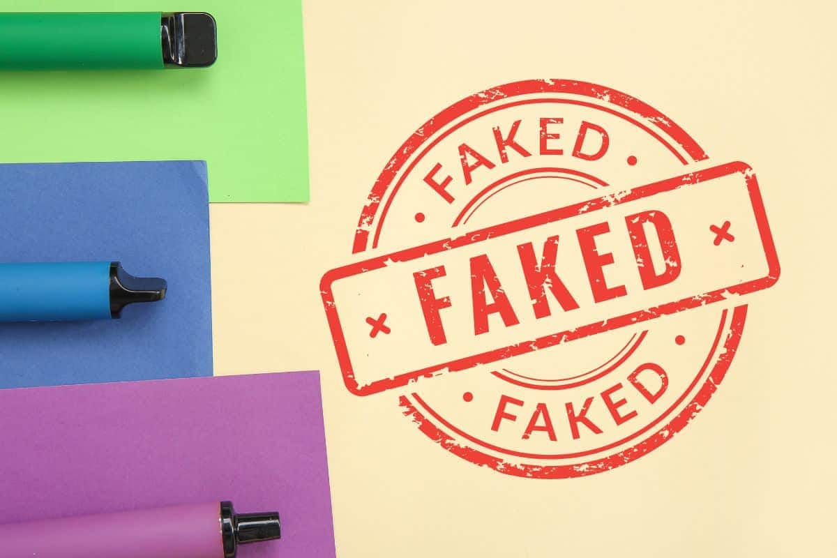 Colorful paper and markers with a 'faked' stamp overlay, illustrating how to tell if you have a fake delta 8 disposable.