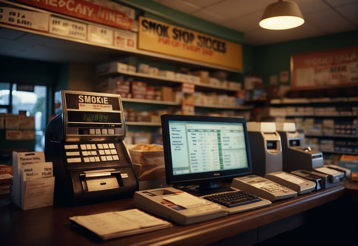 A close-up view of a cash register and computer monitors at the checkout counter of a smoke shop in Florida.