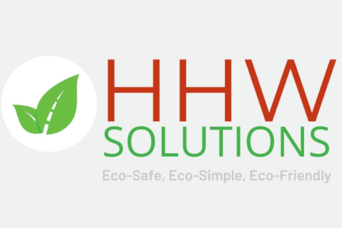 Logo of hhw solutions featuring a leaf motif and the tagline "eco-safe, eco-simple, eco-friendly, recycle disposable vapes.