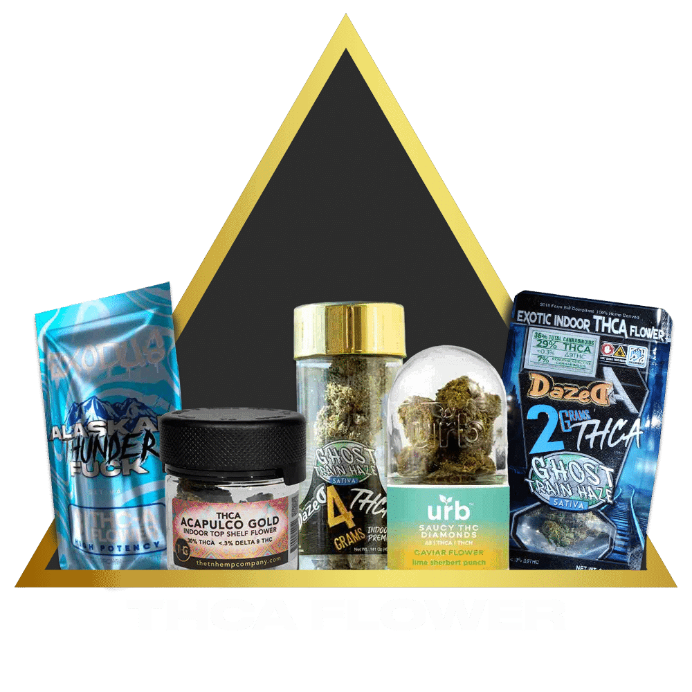 Assorted thca flower products with various brand packaging displayed against a yellow background.