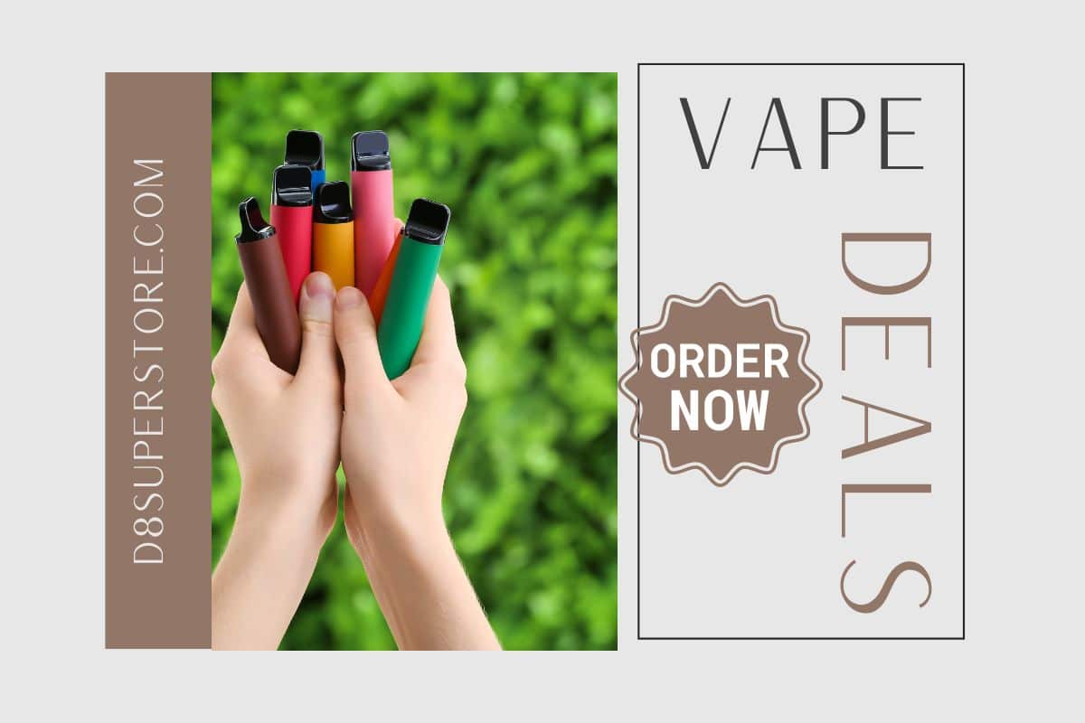 Person holding a selection of the highest nicotine vapes with an advertisement for vape deals.