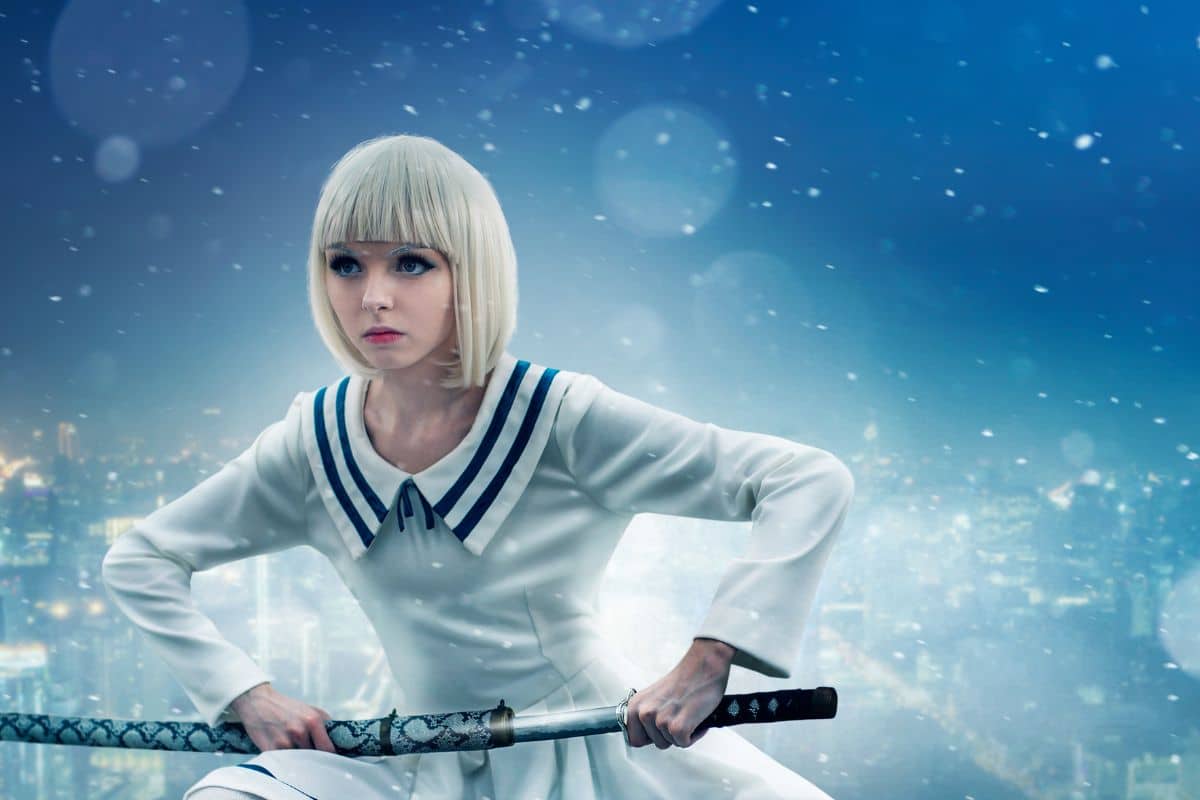 A determined individual in a white outfit holding a sword, with a futuristic cityscape in the background, inspired by the best anime about weed.