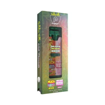 Packaging of Hidden Hills & Friends Dual Device Disposables 2g, featuring peach fuzz n’ kush and pink berry fuzz flavors, displayed against a white background.