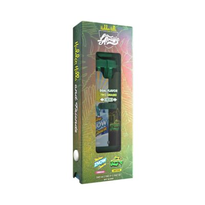 A box of Hidden Hills & Friends Dual Device Disposables 2g, featuring a flavor blend of thin mint and blue cookies, and a matching green portable vape device on a white background.