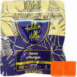 The packaging of Hidden Hills Club features two Sour Mango edibles. Each orange square gummy is labeled with 500mg per serving, totaling 1000mg THCa, THC, and HHC, with two edibles per pack.