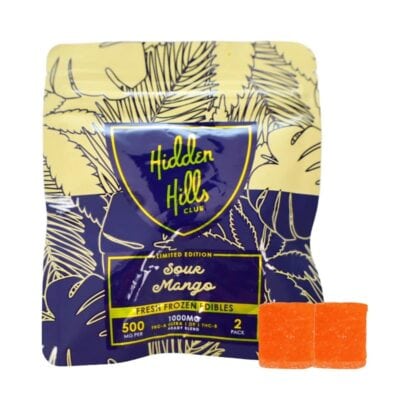 The packaging of Hidden Hills Club features two Sour Mango edibles. Each orange square gummy is labeled with 500mg per serving, totaling 1000mg THCa, THC, and HHC, with two edibles per pack.
