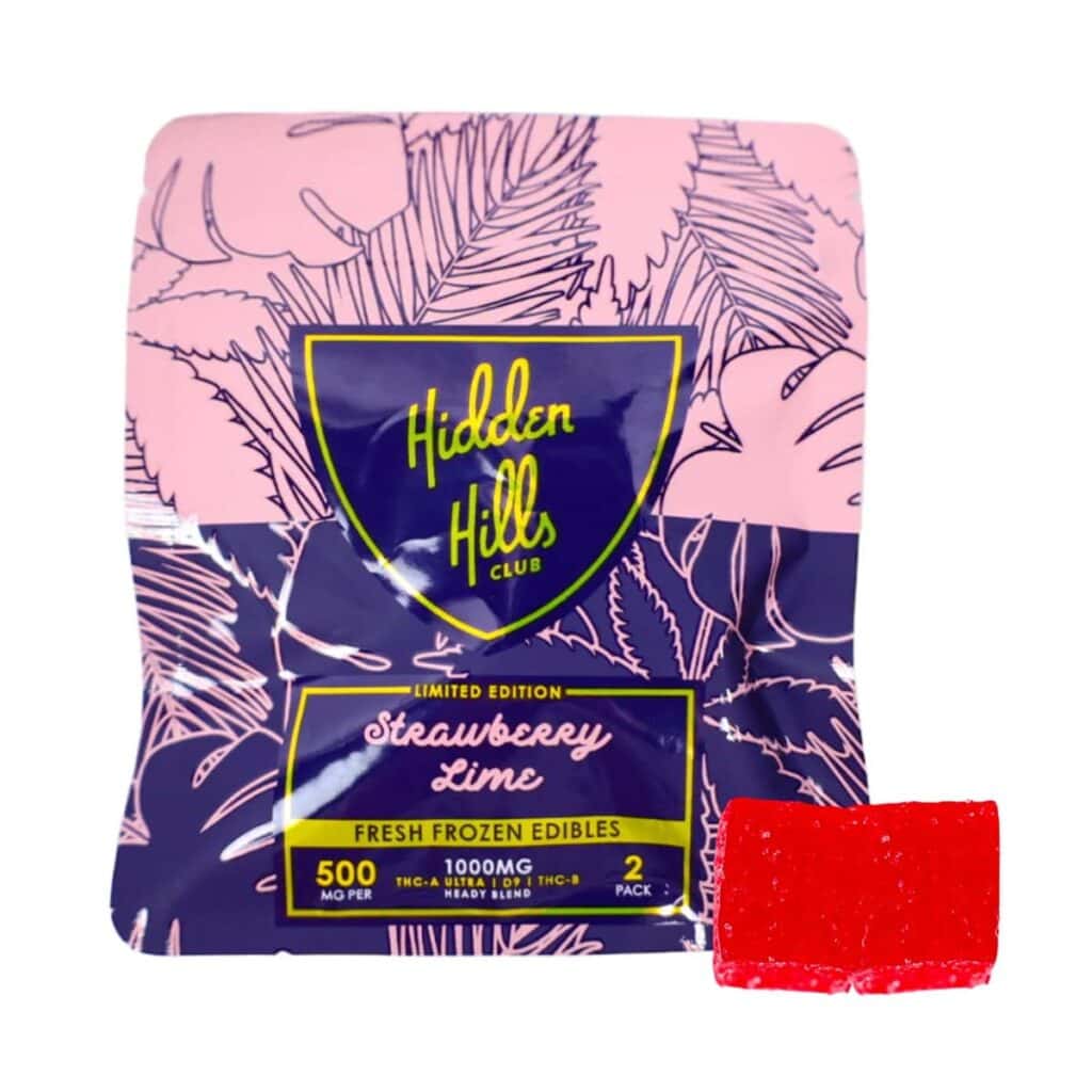 Plastic package labeled "Hidden Hills Club" containing two red strawberry lime edibles with 1000mg THC. The pink and purple packaging features leaf illustrations, showcasing the potent heady blend within.