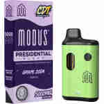 A box labeled "Modus Presidential Blend Grape Zoda" next to a green disposable vaping device. The box indicates 5000mg, includes CDT (Cannabis-Derived Terpenes) information, and highlights the premium quality of Liquid Diamonds Disposables.
