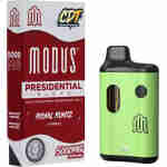 Image of a Modus Presidential Blend vape packaging and device. The packaging lists 5000mg dosage, Royal Runtz Hybrid, and indicates "short-circuit protection". The device is green with Modus branding, part of their exclusive Liquid Diamonds Disposables line.
