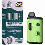 Image shows a green Modus vape pen next to its box packaging. The box reads "MODUS Presidential Blend" with "Sherbet Queen" flavor and "5000 MG" indicated. The pen, part of the Liquid Diamonds Disposables line, has the Modus logo and a viewing window.