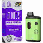Packaging for Modus Presidential Blend Starry Night Hybrid disposable vape pen, labeled with 5000 mg and branding details. The device, part of the Liquid Diamonds Disposables line, is green and black with a clear window.