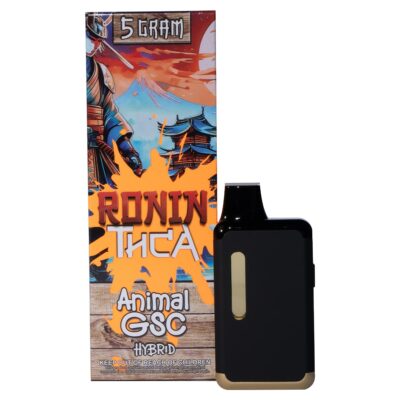 A Ronin Disposable Vapes 5g cartridge box labeled "Animal GSC Hybrid" stands next to the black and gold vaporizer device with a window to show the liquid level.