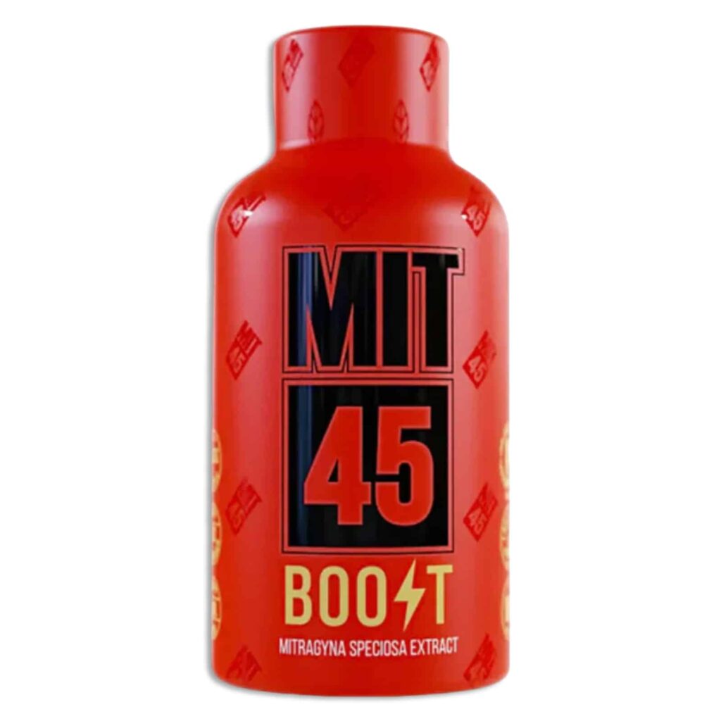 Red bottle labeled "MIT 45 BOOST" containing Mitragyna Speciosa extract, the ultimate Kratom Shot.