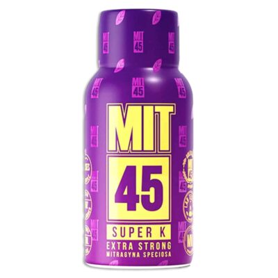 A purple bottle labeled "MIT 45 Super K Extra Strong Kratom Shot Mitragyna Speciosa" with text and logos printed in yellow and white.