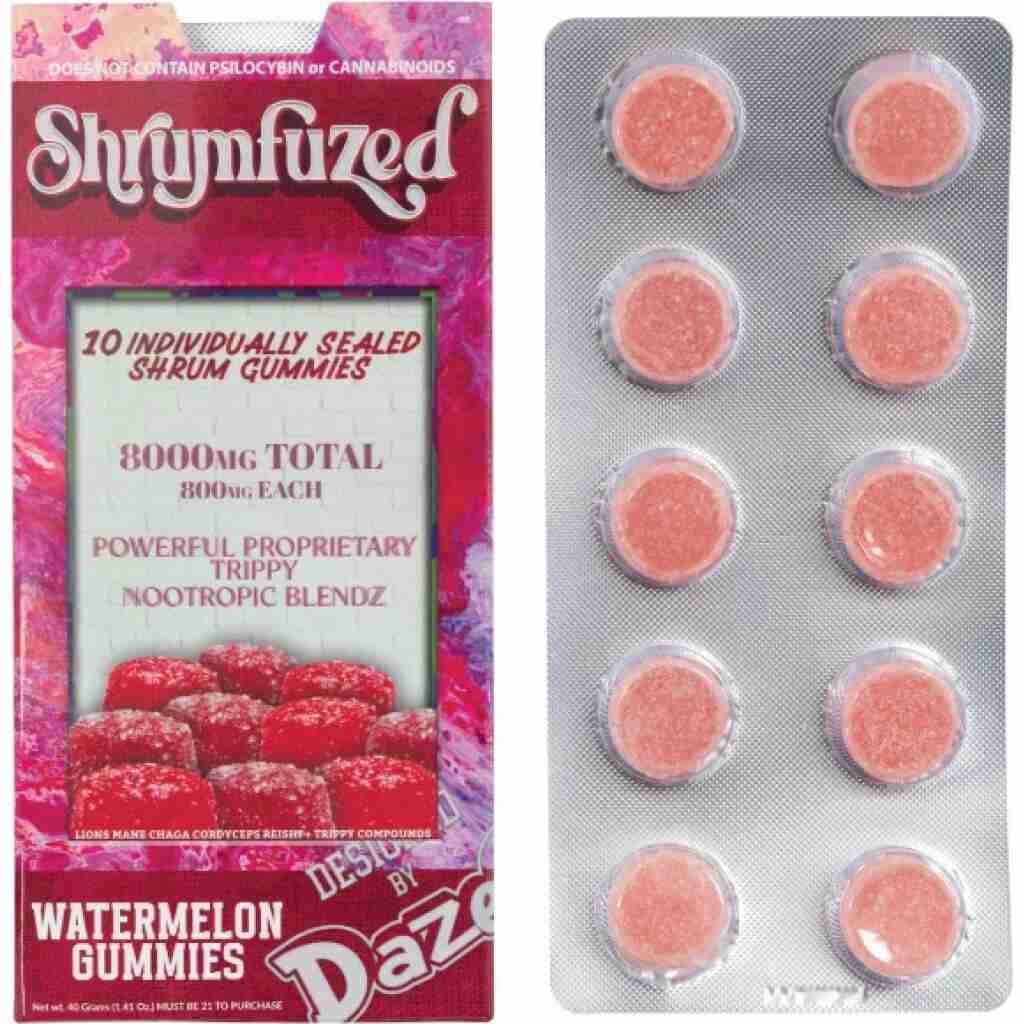 Shrumfuzed Nootropic Trippy Psychedelic Mushroom Gummies 10 Piece Watermelon flavor.