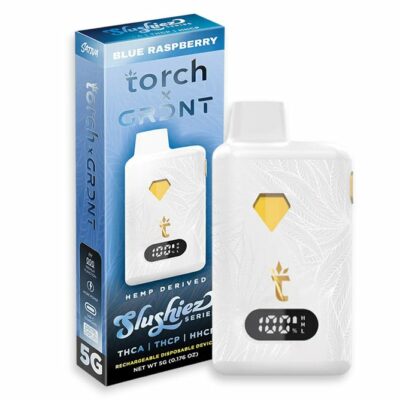The image showcases a Torch x GRDNT Slushie 2 THCa Disposable vape device and its packaging. The sleek white device boasts a diamond logo and digital display, while the blue box prominently features Blue Raspberry flavor, THC content details, and 5G weight information.