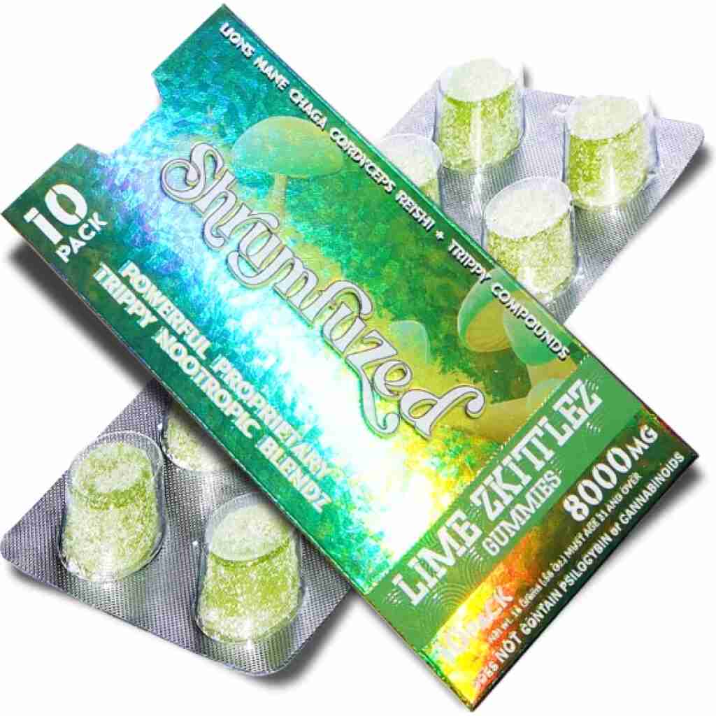 shrumfuzed nootropics trippy psychedelic mushroom gummies 10pk lime zkittlez.