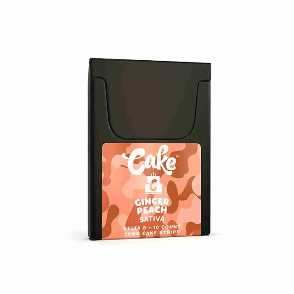 A sleek black box adorned with an orange camouflage label reads Cake Delta 8 Ginger Peach, Sativa, 10 Count, 25mg Oral Strips.