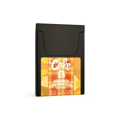 A sleek black package labeled Cake holds 25mg Orange Creamsicle Sativa Delta 8 THC Oral Strips. The vibrant label features a plaid pattern in orange and yellow with crisp white text, reminiscent of a refreshing Ginger Peach delight.